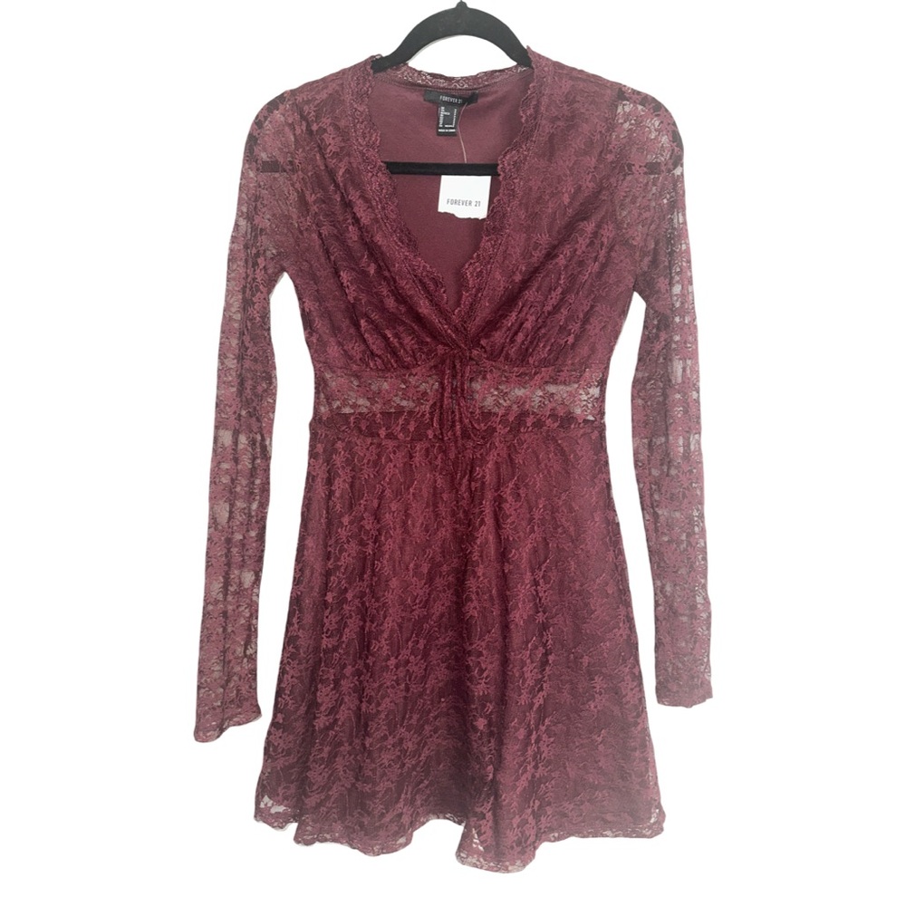 Forever 21 Wine Lace Long-Sleeve Mini Dress